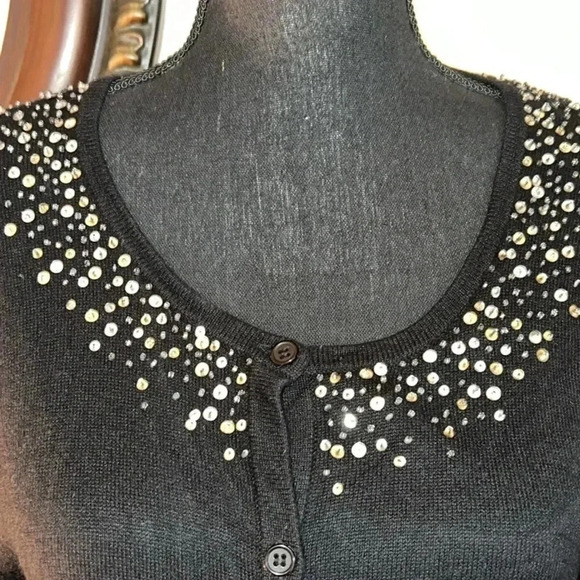 Garnet Hill Women’s Black Silk Cashmere Blend Sequin Collar Cardigan Large - Picture 11 of 13